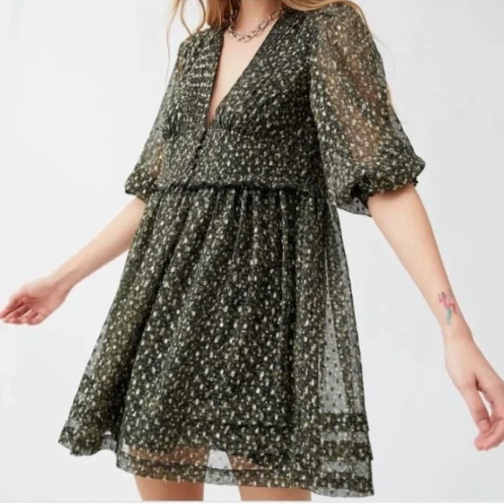 Urban Outfitters Gold Metallic Green Mini Babydoll Dress